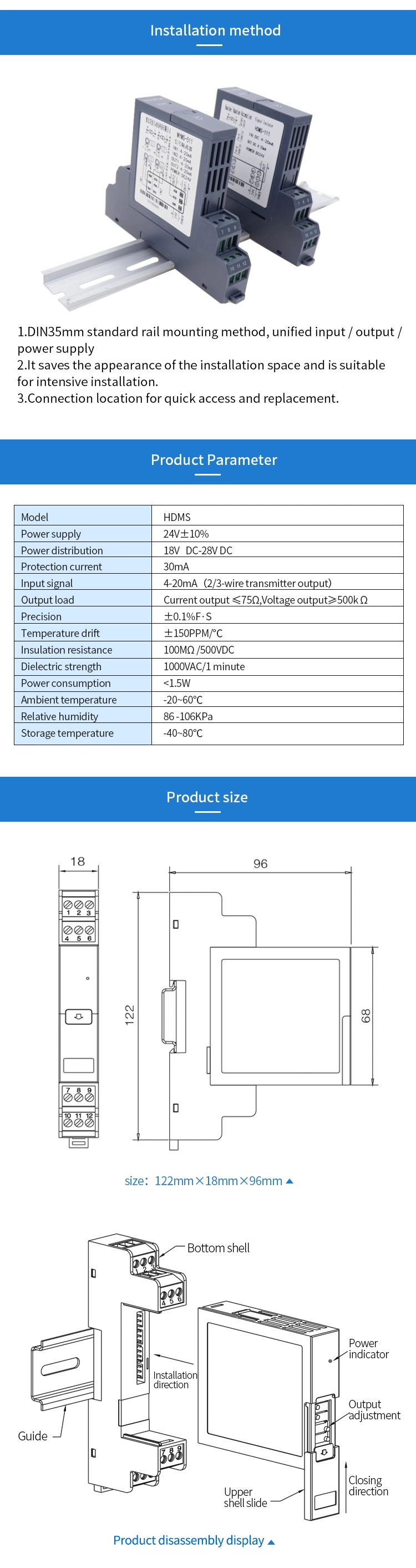 Analog 0-10V Signal Isolator DC 24V 1 in 1 out Signal Converter